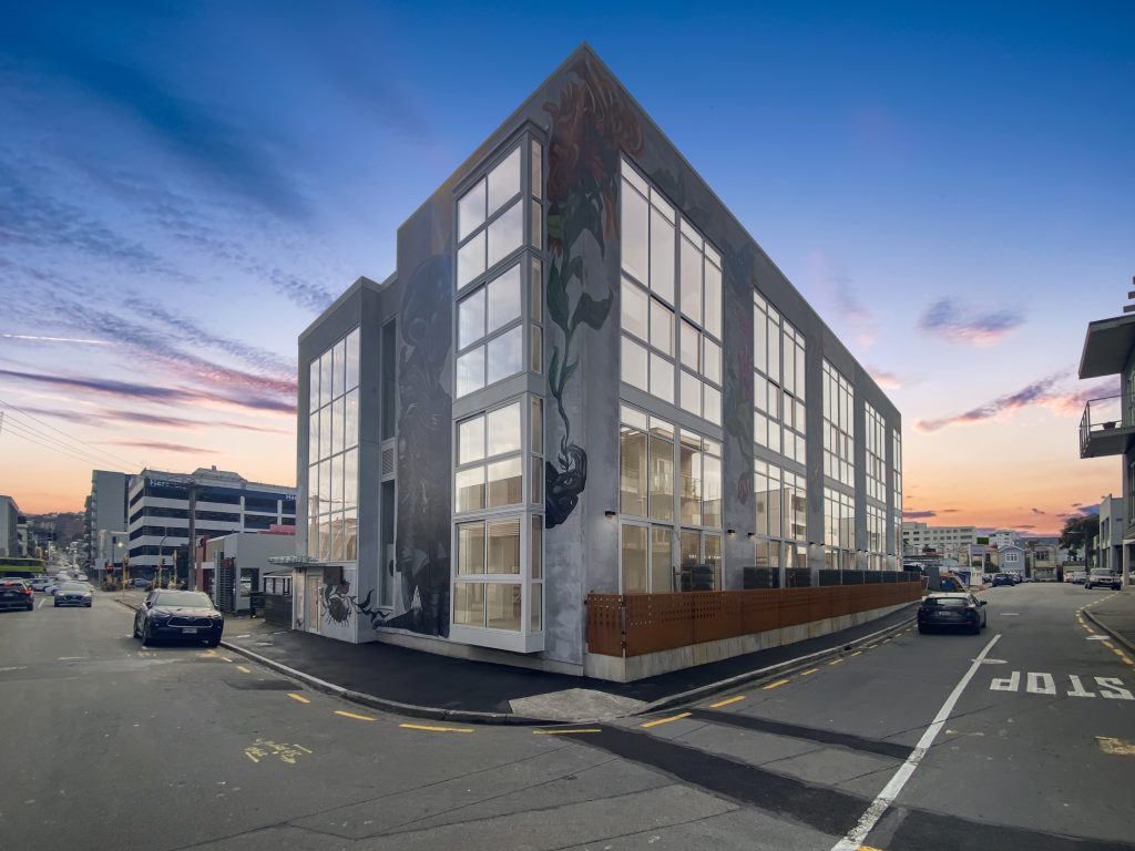 Exterior of building on corner of two roads in Wellington